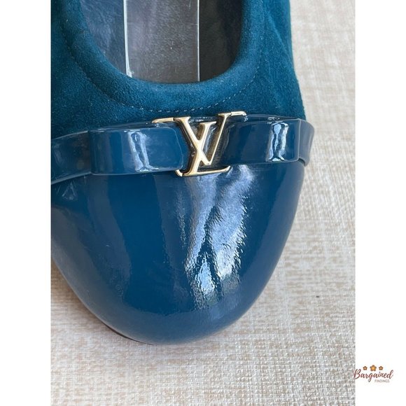 Authentic Louis Vuitton Blue Green Suede Patent Elba Elastic Ballerina Flats 7 - Picture 2 of 13